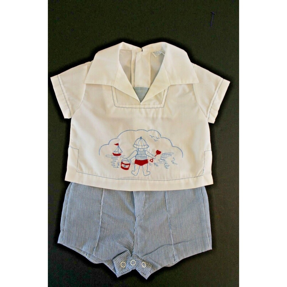 Vintage 60s 70s Infant Boy’s Adorable Two-Piece Outfit Embroidered Beach 3 6 9